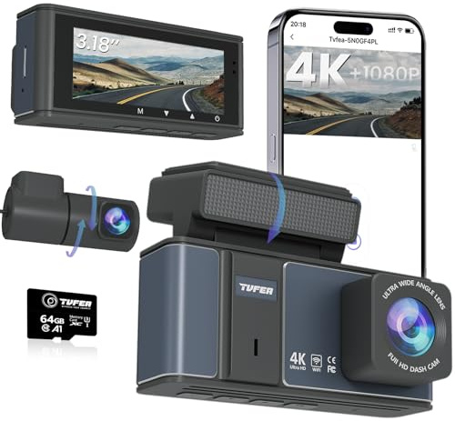 Dashcam Auto Vorne Hinten 4K+1080P mit 3.18 Zoll IPS-Bildschirm,WiFi Dash cam,Dash Cam Auto mit 64GB SD Karte,Auto Kamera Super Nachtsicht,WDR,170° Weitwinkel, G-Sensor, Loop-Aufnahme, APP Steuerung