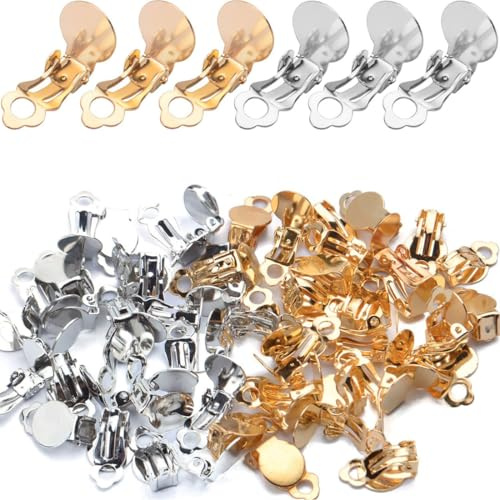 BLPRKOT 50 Stück Edelstahl Clip-On Ohrring Flache Runde Ohrclips Damen Tablett Ohrklipser Damen Ohne Ohrlöcher Ohrring Zubehör Für Ohrringe Clips Schmuckherstellung Bastel Zubehör (Gold-Silber