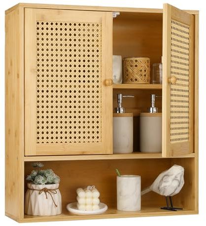 Bamboo Cabinet Wall Mount, Rattan Medicine Cabinet with Shelves and Doors, Wall Cabinet Above Toilet, Storage Organizer for Laundry Room, Kitchen, Living Room