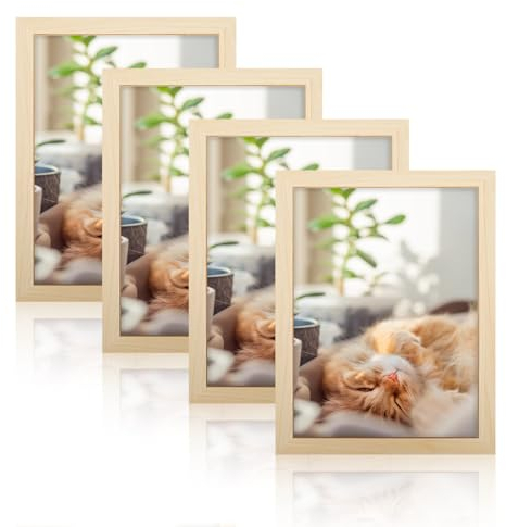 Mucek Holzrahmen A4, 4er Set 21x30cm, MDF-Frame für Fotos, Urkunden, Malerei, Ausstellung (Holzfarbe)