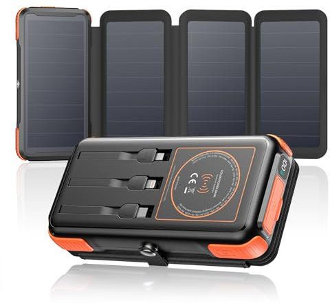 SOARAISE Wireless Solar Power Bank, 25000mAh Solar Charger with Built-in 3 Cables, Dual Outputs, 4 Solar Panels & 3 LED Flashlights, Portable Phone Charger for Outdoor Camping