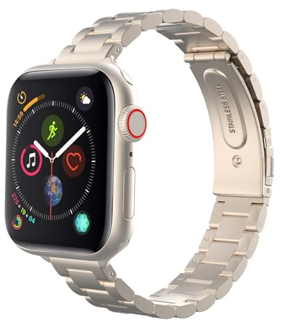 MoKo Thin Band Compatible Apple Watch Ultra 3/2/1 49mm,S11/S10 46mm,9/8/7 45mm,SE3/SE2/SE/6/5/4 44mm,3/2/1 42mm,Slim Stainless Steel Wristband Metal Replacement Adjustable Strap,Starlight
