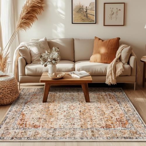 Topfinel Vintage Rug 120x170cm - Non Slip Washable for Living Room, Bedroom, Faux Wool Short Pile Carpet with Anti Slip Backing for Kitchen, Hallway