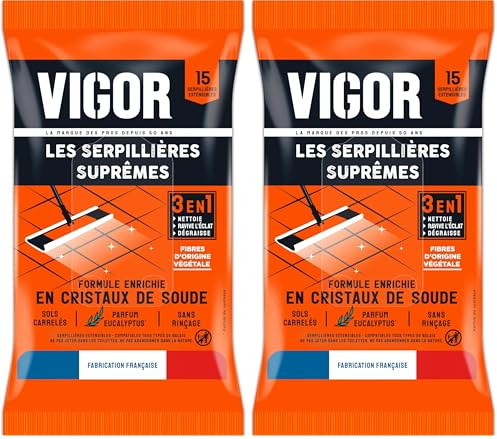 Vigor Serpillières Suprêmes 3 en 1 | Nettoie, Ravive l'éclat et Dégraisse | Formule Enrichie en Cristaux de Soude | Sans Rinçage - Sols Carrelés | Fabriqué en France | x15 Serpillières Extensibles