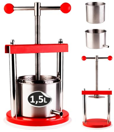 Obstpresse Manuell 1.5L - Edelstahl Fruchtpresse für Wein, Cider, Säfte & Liköre - Weinpresse Ø12 cm mit emaillierter Basis und Schraubmechanismus