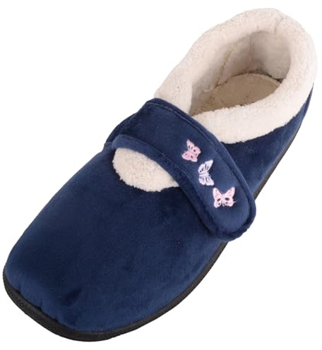 ABSOLUTE FOOTWEAR Womens Easy Slip On Wide Fitting Touch and Close Comfort Slipper - Navy - UK 5 / EU 38