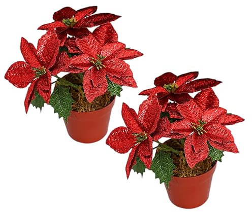 MINGZHE 2 Stück Künstliche Weihnachtssterne, Weihnachtsblumen Im Topf, Rote Samt-Weihnachtssterne, Künstliche Weihnachtssterne, Pflanze, Weihnachten, Rote Kunstblume für (Rot)