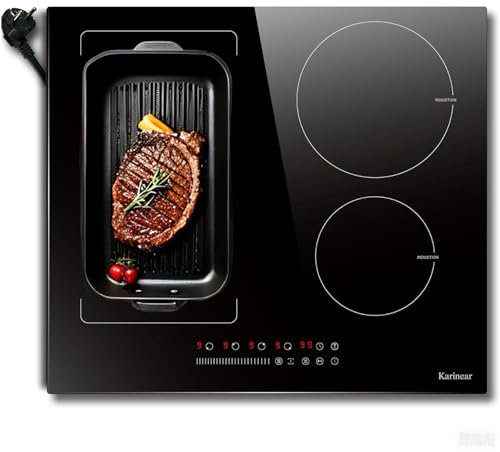 Karinear Placa de inducción 4 fuegos, 4 zonas con zona flexible, 220-240 V, 9 niveles de potencia, control deslizante táctil, múltiples funciones de seguridad, empotrada con enchufe, 3500 W
