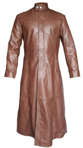 Men’s Brown Leather Long Matrix Gothic Trench Coat – Stylish Duster Gothic Fashion (UK, Alpha, S, Regular, Regular, Brown)