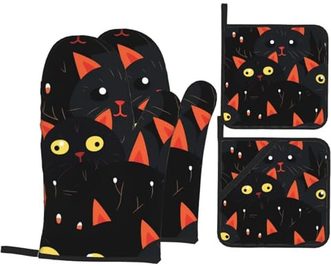 HYTTER Ensemble de gants de cuisine et maniques pour cuisine - Isolés, épais, durables et anti-brûlure - Motif chat mignon - Noir