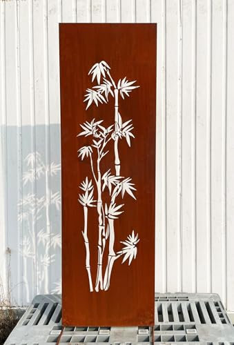 STEINFIGURENWELT GIEBEN Paravento in bambù, effetto ruggine, 165 cm x 50 cm, paravento da inserire, cartello da giardino, decorazione da giardino, resistente alle intemperie, in metallo