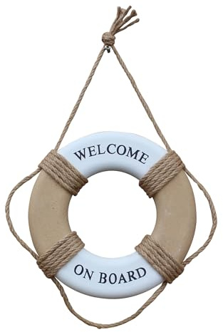 Rettungsring Maritime Deko MDF-Holz bemalt mit Tau Natur/weiß Sea-Club