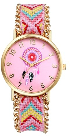 JewelryWe Damenuhr Boho Blumen Uhr Bohemian Stil Bunt Verstellbar Geflochten Seil Armband aus Baumwolle Analog Quarz Armbanduhr Damen Lässige Uhr mit Rundem Blumendruck Zifferblatt