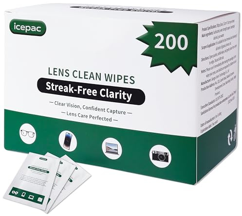 Icepac Glasses Cleaning Wipes, Pack of 200, Single Packaging, Quick-Drying, No Residue, Suitable for Glasses Lenses, Mobile Phone Screens and Camera Lenses