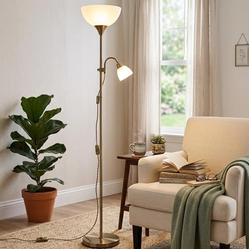 BURAKH Adjustable High Brightness Floor Lamp with 2 Reading Lights for Living Rooms, Bedrooms – Replace Halogen Standing Lamps with Efficient LED Office Lighting - Tall Pole (Grey)