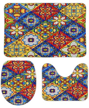 Set 3 Teilig Badvorleger Mexikanische Talavera Keramikfliese Badematte 3-TLG Langlebige Wasserabsorbierend Badezimmer Teppiche Set 3 Stück, Für Badezimmer, Wc-Sitz Bezug, Spa