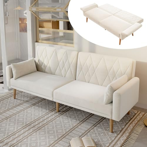 DRIXNO Zweisitzer-Sofa, Schlafsofa mit Schlaffunktion, Schlafsofa aus Samtstoff, Geeignet für Wohnzimmer, Schlafzimmer, Heimkino, Gästezimmer,Beige.