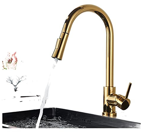 Küchenarmatur, gebürstetes Gold, ausziehbare Küchenarmaturen, 360-Grad-Drehung, Küchenmischbatterie, Einhebelmischer, Küchenspüle, Kalt- und Warmwasserhahn (gebürstetes Gold)