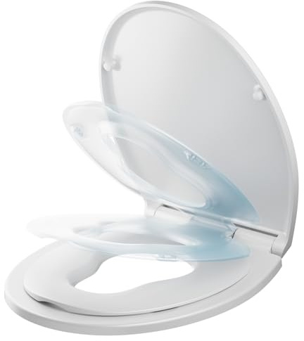 CECIPA Toilettendeckel mit Kindersitz mit Absenkautomatik - Einfache Montage Klodeckel mit Kindereinsatz, Oval WC Sitz mit Kindersitz, Antibakteriell & UV-beständig, Familien WC Sitz inkl. Schablone