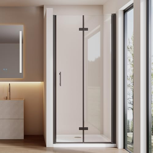 Cozynest Duschtür 90x195cm Einzelfalttür Falttür Nische Dusche Schwarz | Einzelfalttür mit 6mm ESG Sicherheitsglas Nano beschichtung,Hebe-Senk-Mechanismus,Rahmenlos