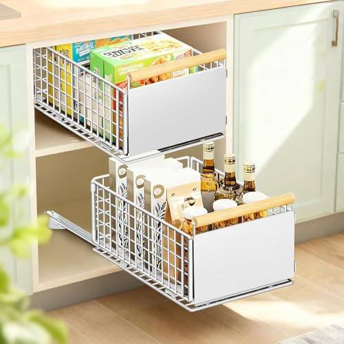 Telescop set med 2 utdragbara lådor för kök med full förlängning, ingen borrning, upp till 25 kg, låd-organizer för djupa skåp, teleskoplåda, vit, 39,5 x 23,5 x 19 cm