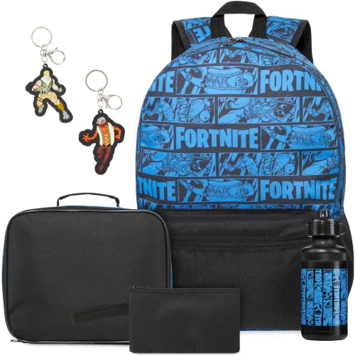 Get Trend Fortnite Boys Large Backpack Set 6 Pcs, 46cm School Bag | Rucksack with Pencil Case, Insulated Lunch Bag, 500ml BPA Free Water Bottle and 2 Keyrings, School Supplies Boys Gamer Gifts
