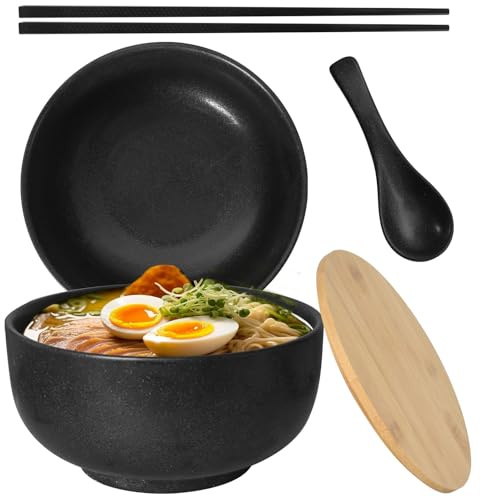 KYSUN 1500 ml stor keramisk salladsskål, japanska ramenskålar, stor soppskål med trälock pinnar och skedar, keramikskål, för Ramen, sallad, müsli (svart)