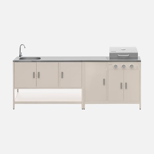 sweeek - Cuisine extérieure Naxos 2 modules Acier Inoxydable Beige Barbecue gaz 3 brûleurs avec évier