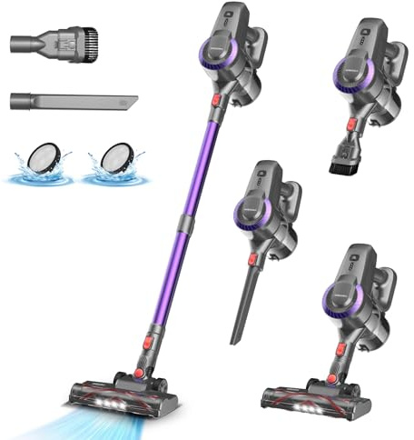 Aspiradora inalámbrica con batería, 28000 Pa/175 W/55 min, cepillo antienredos y de pie, aspiradora de mano ultraligera con batería para alfombras, suelos duros, pelo de animales