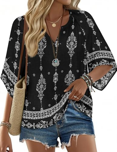 Zeagoo Womens Tops 3/4 Sleeve V Neck Boho Blouses Casual Loose Summer Top | Flowy Cotton Tunic T Shirt| S-XXL