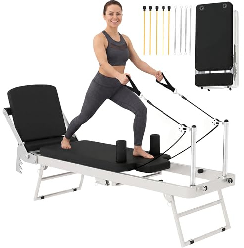 SPORTNOW Reformer Pilates per Casa Pieghevole con Resistenza Regolabile, Macchina Pilates Reformer con Barra Poggiapiedi e Sistema Pulegge Regolabile, Molle, Allenamento Palestra Casa Principianti