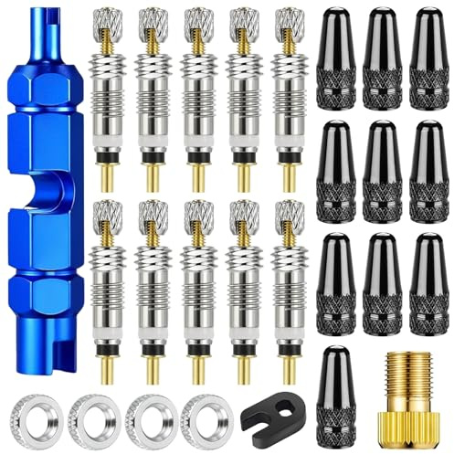 NINGYER Lot de 27 valves de vélo, bouchons de valve français, écrous de jante, adaptateur de vélo en laiton, outil de démontage de valve de vélo, clé de valve en plastique, pour réparation de vélo
