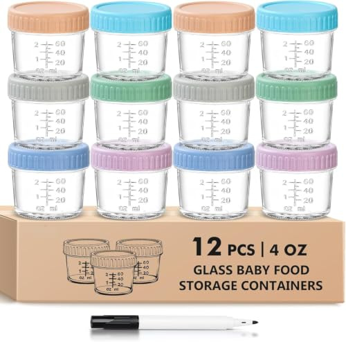 LATERN 12 Pièces Récipients en Verre pour Bébé Aliments, 120ml /4oz Pot Sans BPA 100% Étanche Récipient Réutilisable avec Couvercle et Marqueur, Compatible Micro-Ondes, Lave-Vaisselle Et Congélateur