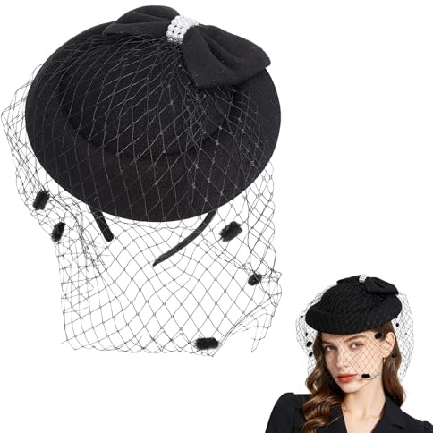 NICENEEDED Vintage Fascinator Hüte Mit Schleier 20s 50s Retro Pillbox Hut Schwarzer Trauer Pillboxhut Mit Schleifendesign Zylinder Für Damen Cocktailparty Teeparty Hochzeit