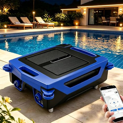 Kindevieft Robot Skimmer de Superficie para Piscinas, Carga Dual (Solar y rápida), Limpieza Continua, Bolsa de Gran Capacidad para residuos (3,8 L), Control por App Blue