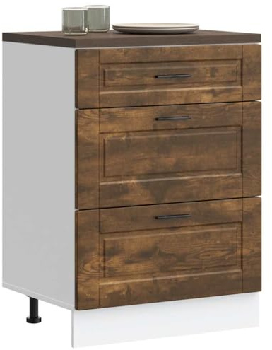 Holepyr Köksunderskåp Porto rökt ek trämaterial 60 x 46 x 81,5 cm med förvaringsutrymme, justerbara fötter, perfekt som förvaringsskåp, för porslin, tallrikar, krukor och köksorganisation