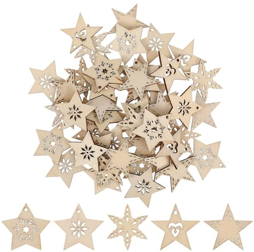 Supvox 50 StüCk Weihnachts-Cartoon Holz Pentagramm AnhäNger 3X3Cm Christbaumschmuck Sterne Holzdeko DIY Bastelverzierungen Zum AufhäNgen FüR Festliche Heimdekoration