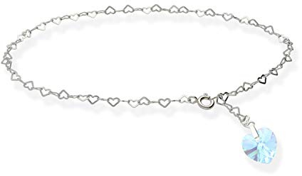 Individuelle Fußkette Fußkettchen XL 32cm 925 Sterling Silber für Damen gefertigt mit Swarovski Elements Herz Anhänger individuell einstellbar. Hochwertiger Fußschmuck für Frauen und Mädchen.