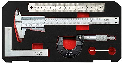 NORTOOLS Vernier Caliper+Metal Ruler, 4 PCS Multi Tool Micrometer/Right Angle Square Ruler for Precision Measuring Outside/Inside/Depth/Step/Angle