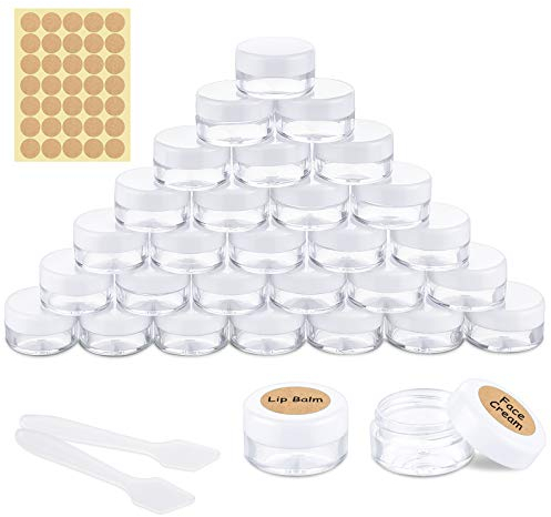 MELLIEX 30 Pezzi Vasetti Plastica, Barattolo Cosmetici Vuoto Viaggio Contenitore Cosmetico per Crema Balsamo Labbra Campione - Con 2 Pezzi Mini Spatola e Etichetta Adesiva (5g / 5ml)