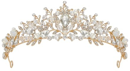 SWEETV Jeweled Wedding Tiaras and Crowns for Women, Metal Princess Tiara Queen Crown for Bride, Bridal Headpieces for Birthday Quinceanera Pageant Prom, Gold