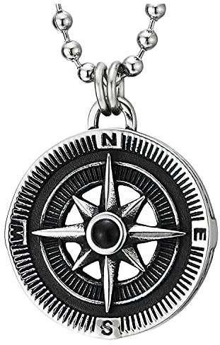 COOLSTEELANDBEYOND Herren Damen Edelstahl Klein Vintage Kompass Kreis Medaille Anhänger Halskette mit Schwarz Edelsteine, 60cm Kugelkette