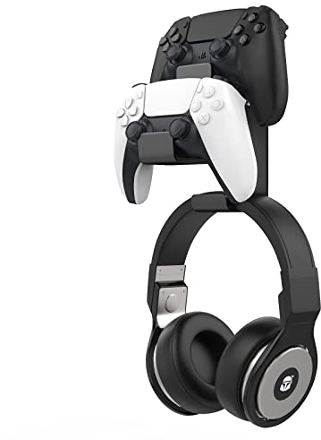 MoKo Controller Halterung, Duale Game Controller & Kopfhörer Halter für One, 360, PS3, PS4, PS5, PC, STEAM, Switch/Switch 2, Universale Headset Wandhalterung, 2 Installationsmethode, Schwarz
