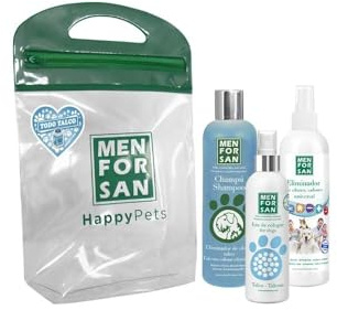 MENFORSAN Pack Higiene y Belleza, Champú Eliminador de olores 300ml, Colonia para Perros 125ml, para el hogar y Entorno de Mascotas 250ml, Rico Aroma a Talco