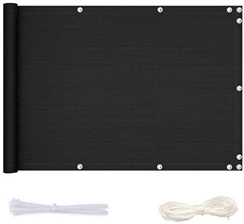 Redfire Blickdichte Balkonabdeckung 90x100cm,UV-Schutz Sichtschutz für Balkongelander Einfache Montage GartenSichtschutz mit Ösen Nylon Kabelbinder und Kordel für Balkon,Schwarz