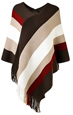 Ferand - Pullover Poncho Maglione da Donna con Frangia - Lavorato a Maglia, Mantella, Righe Grandi, Coprispalle Elegante - Taglia Unica - Marrone e Beige