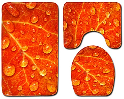 FANSU rutschfeste Badematten Set 3 Teilig, Weich Mikrofaser Badezimmerteppich Waschbar WC-Deckelbezug und Saugfähig U-FöRmige Badvorleger für Badewanne, Dusche (50x80cm,orangefarbene Blätter)