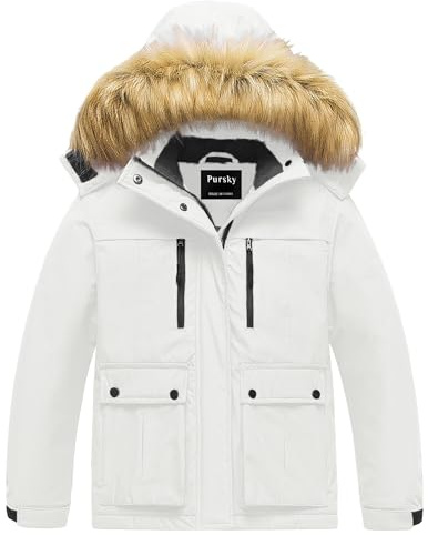 Pursky Kids Winter Jackets Coats Girls Waterproof Fleece Ski Jacket Outdoor Outerwear Windproof Mountain Snow Snowboarding Coat with Hood White 4/5