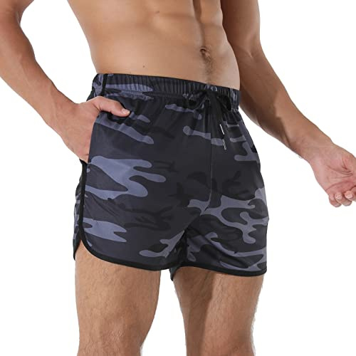 Adigaber Korta sportbyxor för män, snabbtorkande, korta byxor, ventilerande, sportshorts med fickor, sommarshorts för män, Grå kamouflage, L
