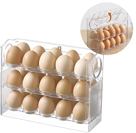 HGUIM 3 Layer Clear Egg Storage Container Flipped Tray 30 Grid Egg Holder Plastic Egg Storage Box Refrigerator Storage Container Space Saver Fridge Organizer, White, 26x10x20cm/10x4x8inch